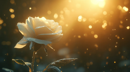 A stunning close-up of a white rose illuminated by soft golden light, showcasing delicate dew drops. This image captures the beauty of nature's finest moments.の素材