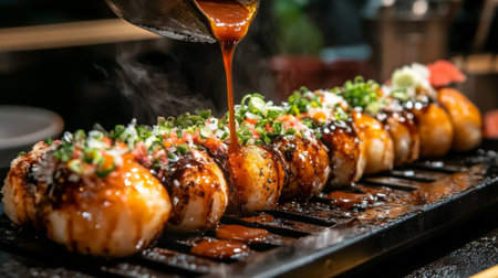 A mouthwatering display of takoyaki, freshly grilled and drizzled with savory sauce, garnished with green onions and bonito flakes, perfect for food lovers.の素材