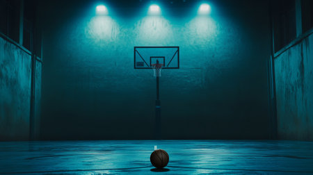 A captivating image of a darkened basketball court featuring a single basketball illuminated by moody blue lights. The scene evokes solitude and anticipation.の素材