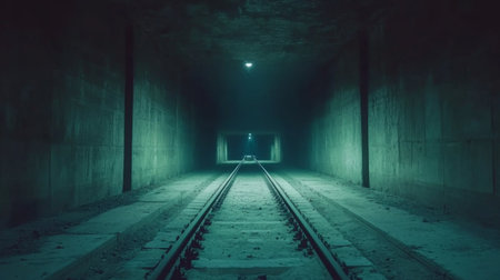 An eerie view of an abandoned train tunnel featuring sparse tracks and dim lighting. The atmosphere is filled with mystery and a sense of exploration.の素材