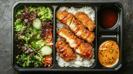 An overhead shot of a bento box filled with curry rice, crispy tonkatsu, and a side of salad, showcasing the variety and balance in this delicious Japanese mealの素材