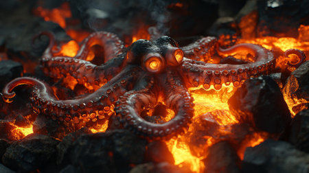 A vibrant and surreal octopus emerges from glowing lava rocks, creating a striking scene where fantasy meets nature. The fiery backdrop enhances the imaginative atmosphere.の素材