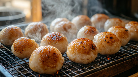 Experience the mouthwatering sight of grilled Japanese rice balls, featuring a crispy exterior and fluffy interior. Ideal for food lovers and culinary enthusiasts.の素材