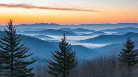 Experience the peaceful beauty of a serene mountain landscape at sunrise, where mist blankets the hills, framed by majestic trees for a breathtaking view.の素材