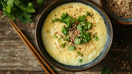 An overhead view of a traditional dish of steamed egg custard topped with a sprinkle of sesame seeds and cilantro, showcasing its smooth texture and inviting presentationの素材