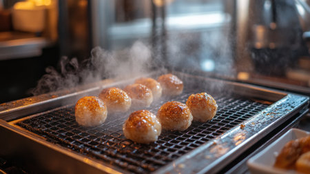 A close-up view of delicious grilled balls cooking on a BBQ grill, producing steam and smoke in a vibrant kitchen setting, showcasing culinary artistry.の素材