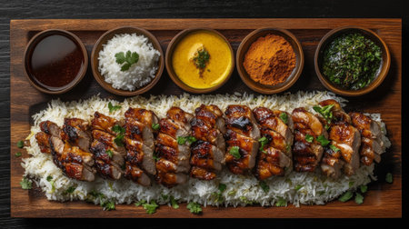 An artistic arrangement of Khao Mok Gai ingredients, including marinated chicken, spices, and rice, beautifully displayed on a rustic wooden board.の素材