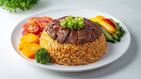 An artistic arrangement of a plate of beef rice with a side of pickled vegetables, emphasizing the dish's colorful ingredients and inviting presentation.の素材