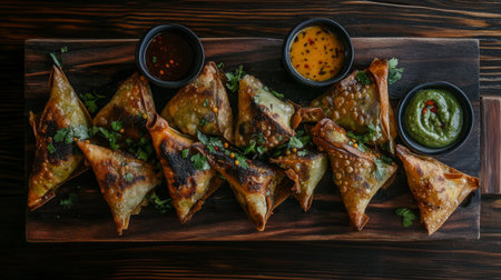 An artistic arrangement of samosas on a rustic wooden board, filled with spiced potatoes and peas, served with mint chutney and tamarind sauce.の素材