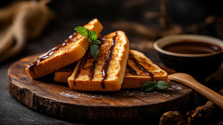 An artistic shot of honey toast served on a rustic wooden board, garnished with a sprig of mint and a side of rich chocolate sauce for dipping.の素材