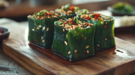 An artistic shot of crispy seaweed-wrapped glass noodles garnished with chili flakes and served on a wooden board, creating a colorful and appetizing presentation.の素材