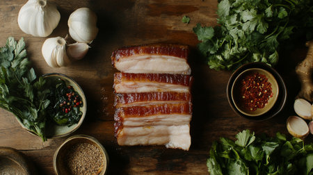 An artistic arrangement of the ingredients for crispy pork belly, including fresh herbs, fish sauce, and spices, beautifully displayed on a rustic wooden table.の素材
