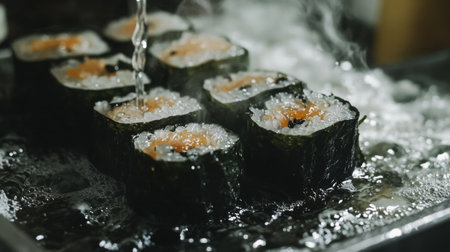An artistic shot of crispy seaweed-wrapped glass noodles being cooked in hot oil, with bubbles forming around the rolls, emphasizing the frying process and enticing aroma.の素材