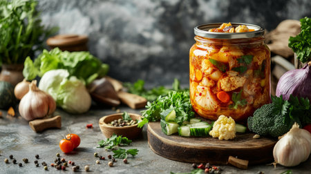 An artistic shot of a jar of kimchi fermenting on a kitchen counter, surrounded by fresh vegetables and spices, highlighting the traditional preparation process.の素材