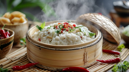 An elegant arrangement of steaming rice on a bamboo mat, surrounded by fresh ingredients and herbs for a colorful and inviting atmosphere.の素材