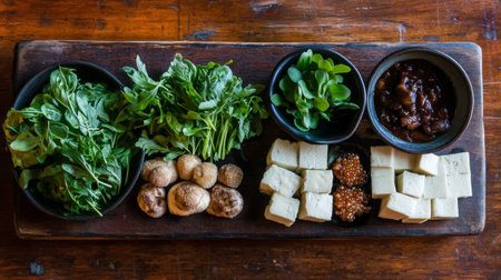 An artistic arrangement of sukiyaki ingredients, including fresh greens, mushrooms, and tofu, beautifully displayed on a wooden board with a rustic background.の素材