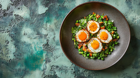 An artistic shot of a plate with fried eggs and roasted vegetables, highlighting the vibrant colors of the dish against a textured background for contrast.の素材