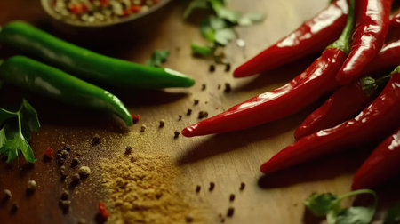 A close-up of sliced red and green chili peppers on a wooden cutting board, surrounded by various spices and herbs, highlighting their fresh and spicy essenceの素材