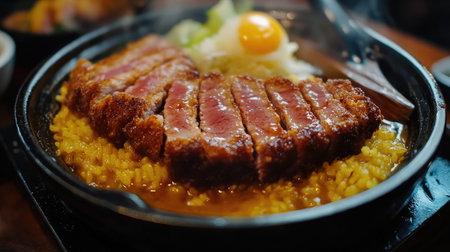 A close-up of crispy tonkatsu sliced open, revealing its juicy interior, served atop a bed of rich, aromatic curry rice, highlighting the dish's delicious texturesの素材