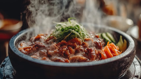 A close-up of steaming Kurobuta Don, showcasing the rich, marbled pork glistening with teriyaki sauce, accompanied by pickled vegetables for contrastの素材