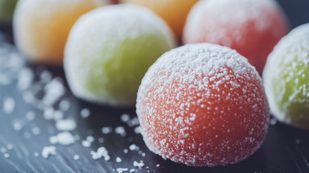 A close-up of daifuku dusted with cornstarch, highlighting its smooth surface and vibrant colors, with soft natural lighting to enhance the presentationの素材
