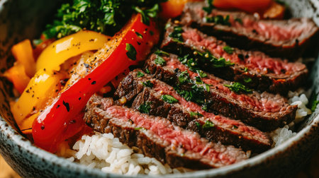A close-up of a steak rice bowl featuring sliced beef, vibrant bell peppers, and fluffy rice, all presented in a rustic ceramic bowl for a cozy dining experienceの素材