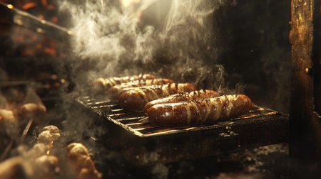 A close-up of sizzling sausages cooking on a grill, with smoke rising and a charred, golden-brown crust, highlighting the juicy texture and savory appeal of the dishの素材