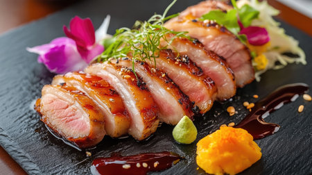 A close-up of tender sliced pork belly arranged on a black slate plate, drizzled with a savory sauce and accompanied by colorful garnishes for an elegant touchの素材