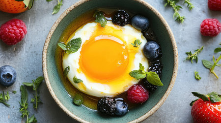 A cozy image of sweet egg pudding drizzled with syrup and served in a bowl, surrounded by fresh fruits and herbs, inviting viewers to indulge in a delicious treatの素材