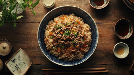 A cozy image of volcano beef rice on a wooden table, with decorative elements such as chopsticks and a small bowl of sauce, enhancing the dining experienceの素材