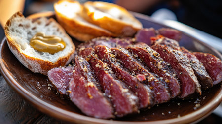 A close-up shot of a sliced sausage revealing its juicy interior, placed on a rustic plate with fresh bread and mustard, emphasizing its delicious texture and flavorの素材