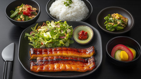 A colorful array of grilled eel with sweet sauce, accompanied by a vibrant salad and rice, creating a visually appealing meal compositionの素材