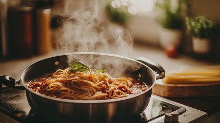 A cozy kitchen scene with a pot of simmering marinara sauce, fresh herbs, and a bowl of pasta ready to be served, evoking the warmth of Italian home cookingの素材
