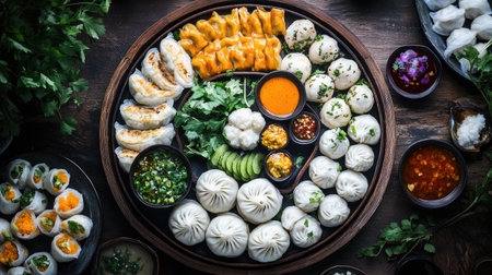 A delicious spread featuring an assortment of steamed buns and siu mai, presented on a round platter with vibrant sauces and fresh herbs, inviting everyone to tasteの素材
