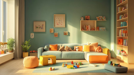 A family-friendly living room with a spacious sectional sofa, a playful color scheme, and shelves filled with books and toys, reflecting a cheerful atmosphereの素材