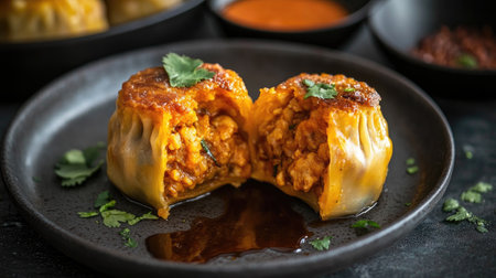 A delicious close-up of a momo split in half, revealing its flavorful filling, served on a dark plate with a drizzle of sauce, highlighting its appealing texturesの素材