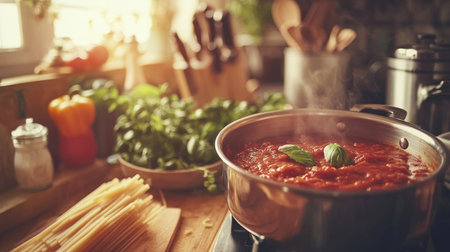 A cozy kitchen scene with a pot of simmering marinara sauce, fresh herbs, and a bowl of pasta ready to be served, evoking the warmth of Italian home cookingの素材