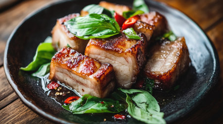 A dish of stir-fried pork belly with chili and basil, served on a dark ceramic plate with a rustic wooden backgroundの素材