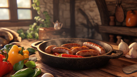 A cozy kitchen setting with sausages simmering in a skillet, with fresh garlic, onions, and bell peppers adding color and flavor, creating an inviting cooking atmosphereの素材