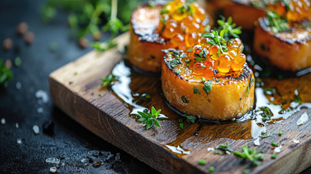 A delectable uni toast topped with herbs and a drizzle of olive oil, presented on a rustic wooden board, capturing the essence of a gourmet appetizerの素材