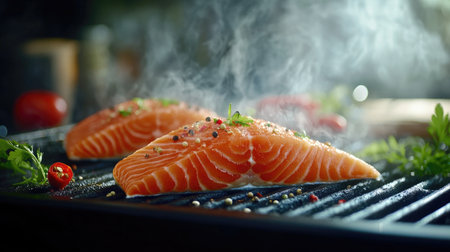 A dynamic shot of a grilling process, capturing the sizzling sound of salmon fillets on a barbecue, surrounded by fresh herbs and spices for an enticing visual experienceの素材