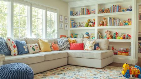 A family-friendly living room with a spacious sectional sofa, a playful color scheme, and shelves filled with books and toys, reflecting a cheerful atmosphereの素材