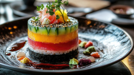 A dynamic shot of a sushi sashimi cake with vibrant layers, showcasing the combination of flavors and textures, served on a modern plateの素材