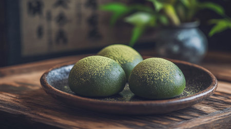 A detailed view of daifuku dusted with matcha powder, showcasing its green hue and smooth texture, set against a rustic wooden surfaceの素材