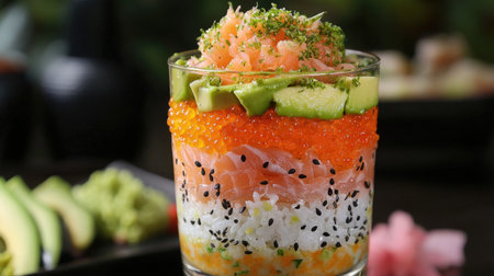A delicate uni parfait layered with sushi rice and avocado, served in a glass, presenting a modern twist on traditional sushi flavors in a visually stunning wayの素材
