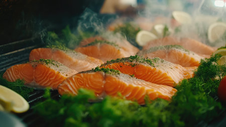 A dynamic shot of a grilling process, capturing the sizzling sound of salmon fillets on a barbecue, surrounded by fresh herbs and spices for an enticing visual experienceの素材