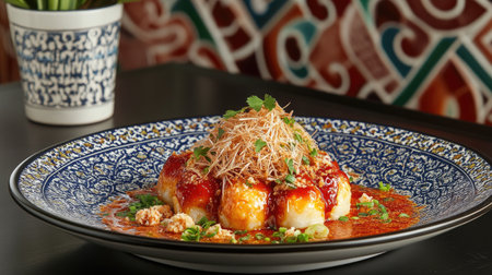 A delicious serving of takoyaki topped with savory sauce and a dusting of bonito flakes, displayed on a traditional Japanese-style plate with a decorative edgeの素材