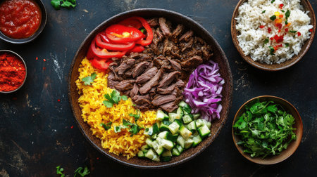 A creative arrangement of volcano beef rice served in a deep bowl, surrounded by colorful garnishes, inviting viewers to indulge in the rich flavorsの素材