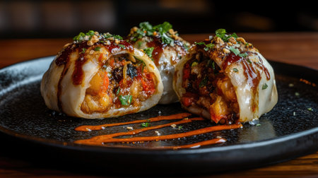 A delicious close-up of a momo split in half, revealing its flavorful filling, served on a dark plate with a drizzle of sauce, highlighting its appealing texturesの素材
