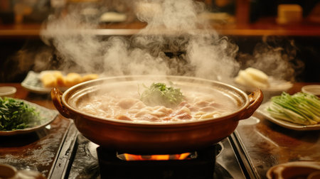 A dynamic shot of a bubbling sukiyaki pot with steam rising, surrounded by neatly arranged plates of fresh vegetables and thinly sliced meat, showcasing Japanese culinary traditionsの素材